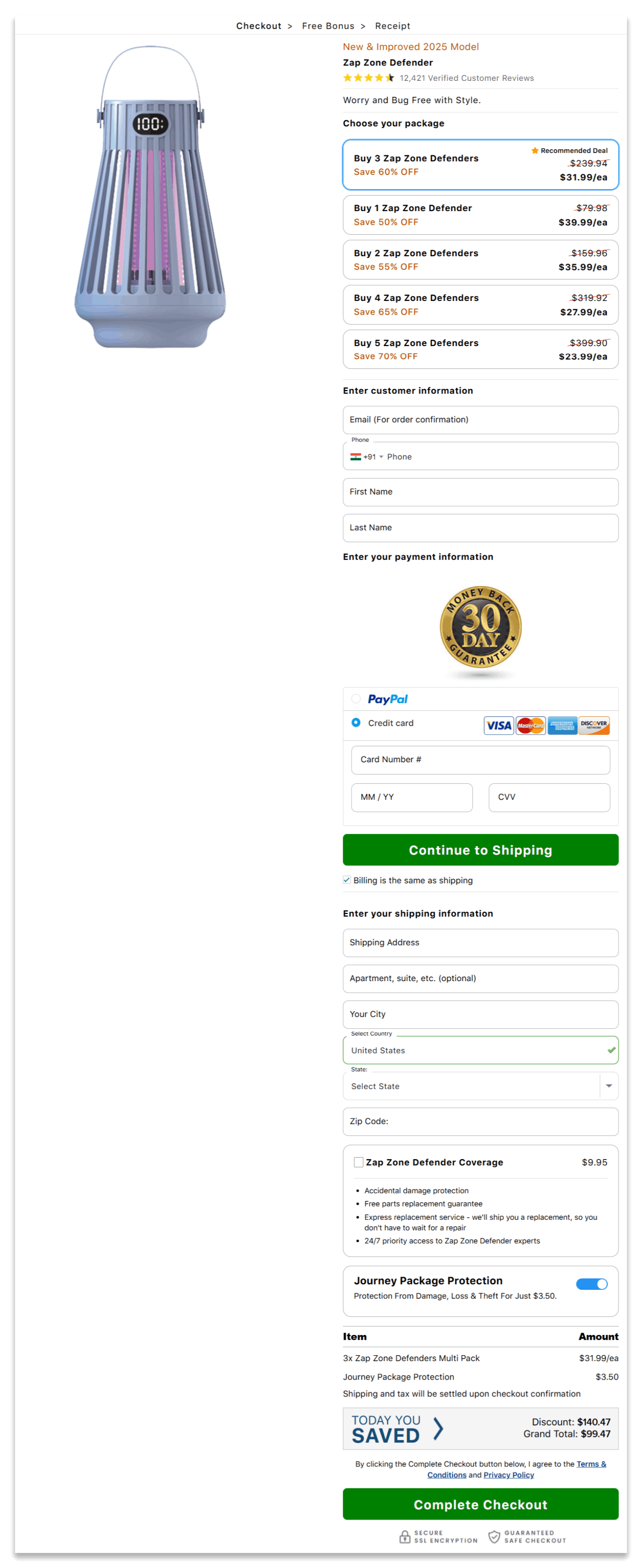 Zap Zone Defender secure checkout page